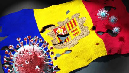 Covid in Andorra - coronavirus attacking a national flag of Andorra as a symbol of a fight and struggle with the virus pandemic in Andorra, 3d illustration