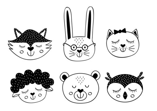 set of isolated black cute animal faces
