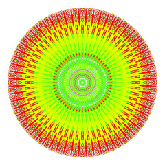 Creative multicolored points round symbol. Abstract symmetrical logo. Mosaic colorful beautiful beads. Circle dots modern pixel floral art icon. Colored pattern ornament wheel decorative illustration.