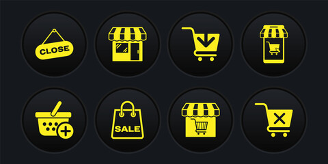 Set Add to Shopping basket, Mobile and shopping cart, bag with Sale, Market store, Remove and Hanging sign Close icon. Vector