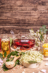 Assorted tea made from flowers. Fresh elderberry, rose hip, and acacia.