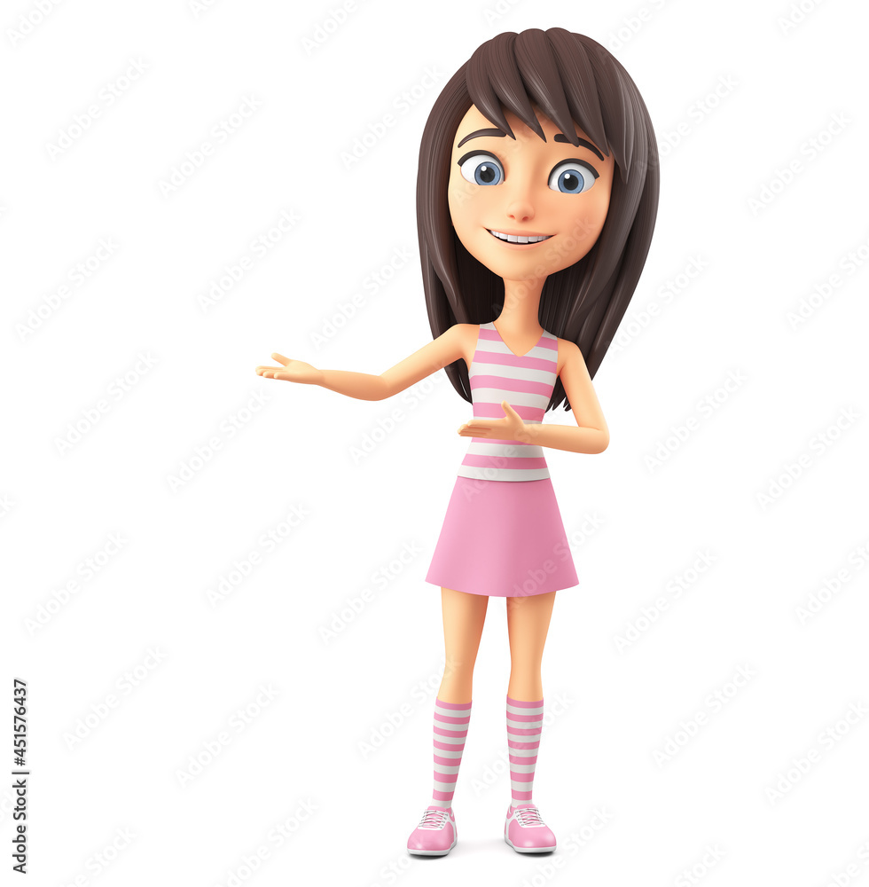 Wall mural cartoon character of a beautiful girl in a striped t-shirt points with two hands to the side to an e