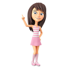 Cartoon character of a beautiful girl in a striped T-shirt points with a finger to an empty spot on a white background. 3d render illustration.