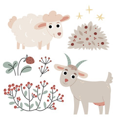 Goat and sheep.Agriculture.Autumn atmosphere.Illustration for children's book. 