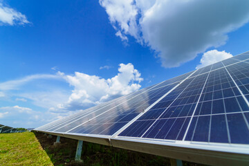 Solar panel on sky background. Photovoltaic power supply systems. Solar power plant. The source of ecological renewable energy
