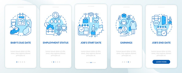 Fototapeta na wymiar Calculating maternity pay requirements blue onboarding mobile app page screen. Walkthrough 5 steps graphic instructions with concepts. UI, UX, GUI vector template with linear color illustrations