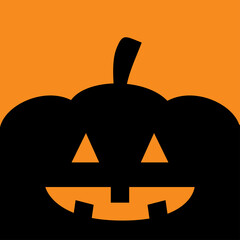 Cute pumpkin. Black silhouette. Happy Halloween. Funny creepy smiling face. Kawaii cartoon funny baby character. Greeting card print. Orange background. Isolated. Flat design.