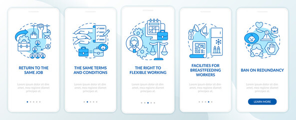 Fototapeta na wymiar Return to work employee rights blue onboarding mobile app page screen. Workplace walkthrough 5 steps graphic instructions with concepts. UI, UX, GUI vector template with linear color illustrations