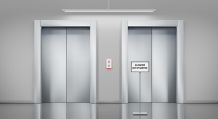 Out of order elevator with closed door and information floor stand notifying malfunction, sign maintenance service broken lift in office or home hallway. Realistic 3d illustration empty lobby interior © marozhkastudio