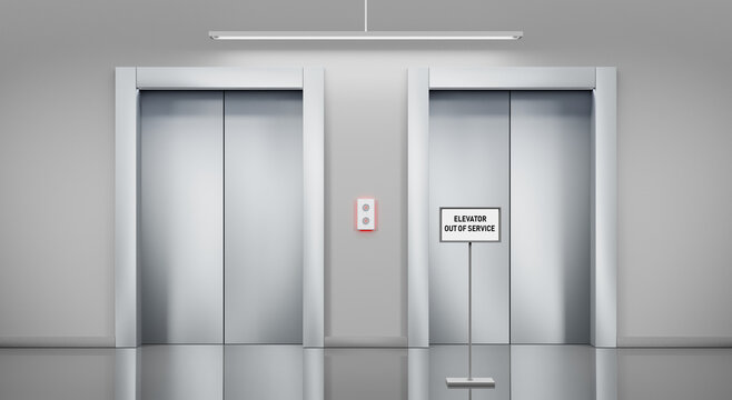 Out of order elevator with closed door and information floor stand notifying malfunction, sign maintenance service broken lift in office or home hallway. Realistic 3d illustration empty lobby interior