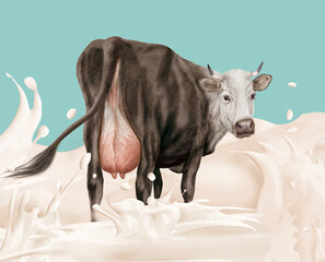 Vache, laitière, du dos au milieu du giclée du lait, rivière, exploitation, crème, jus de coco, isolé, blanc, illustration, giclée, giclée du lait-coco , lait, clapoter, conception, illustration, liqu