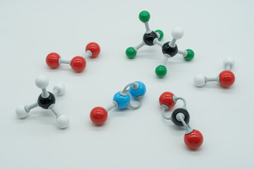 Naklejka na ściany i meble Picture of different greenhouse gases made by molecular model on white background. Chemical formula of nitrogen monoxide, carbon dioxide, methane, water, ozone and HFC - 125.