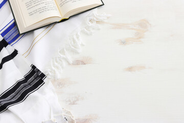 religion image of white prayer talit. Rosh hashanah (jewish New Year holiday), Shabbat and Yom...