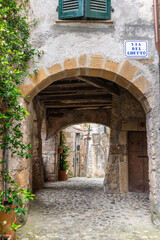 picturesque view of Sorano with old staircase, alley, underpass and plants in the Tuscan medieval village