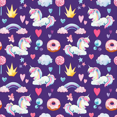 Baby background with unicorn, watercolor drawing. Seamless pattern