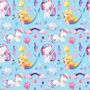 Seamless pattern, baby background with mermaids and cat, watercolor drawing