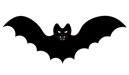 Bat. Silhouette. Terrible toothy. Glowing eyes. Vector illustration. Isolated white background. Flat style. Halloween symbol. Vampire animal. A blood-sucking mammal. All Saints Day. 