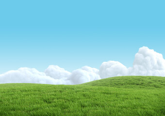 Realistic green grass hills on blue sky with clouds. Bright 3d illustration.