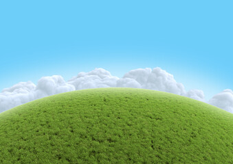 Realistic green grass hill on blue sky with clouds. Spherical empty panorama background. Bright 3d illustration.
