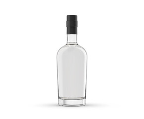 Transparent grappa bottle isolated with black cap on white background, for packshot or mockup, 3d rendering.