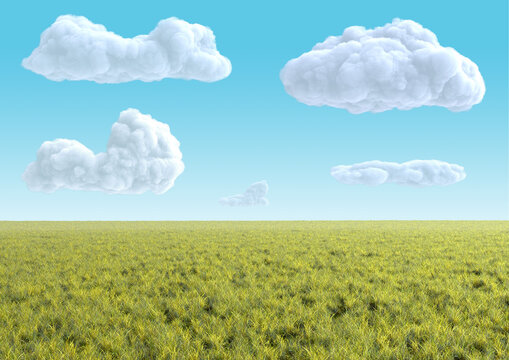Realistic empty green grass field with white clouds on blue sky. Horizontal clean panorama background. Bright 3d illustration.