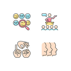 Building relationships with people RGB color icons set. Reading emotions. Public communication. Hand gestures. Facial expressions. Isolated vector illustrations. Simple filled line drawings collection