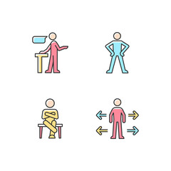 Communication skills RGB color icons set. Confident speaking. Confidence body language. Crossed legs, arms. Personal space. Isolated vector illustrations. Simple filled line drawings collection