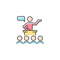 Public communication RGB color icon. Sharing information to audience. Conferences, seminars. Engaging groups in dialogue. Public speaking. Isolated vector illustration. Simple filled line drawing