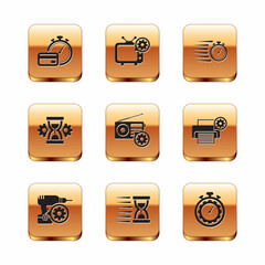 Set Fast payments, Drill machine setting, Old hourglass with sand, Radio, Hourglass and Stopwatch icon. Vector