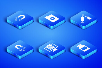 Set Medicine bottle, Customer attracting, Clinical record on monitor, Magnet with money, and Medical syringe and vial icon. Vector