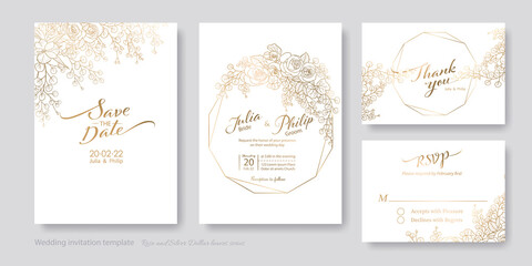 Gold Wedding Invitation, save the date, thank you, rsvp card Design template. Vector. Rose, silver dollar, olive leaves, Wax flower, orchids.