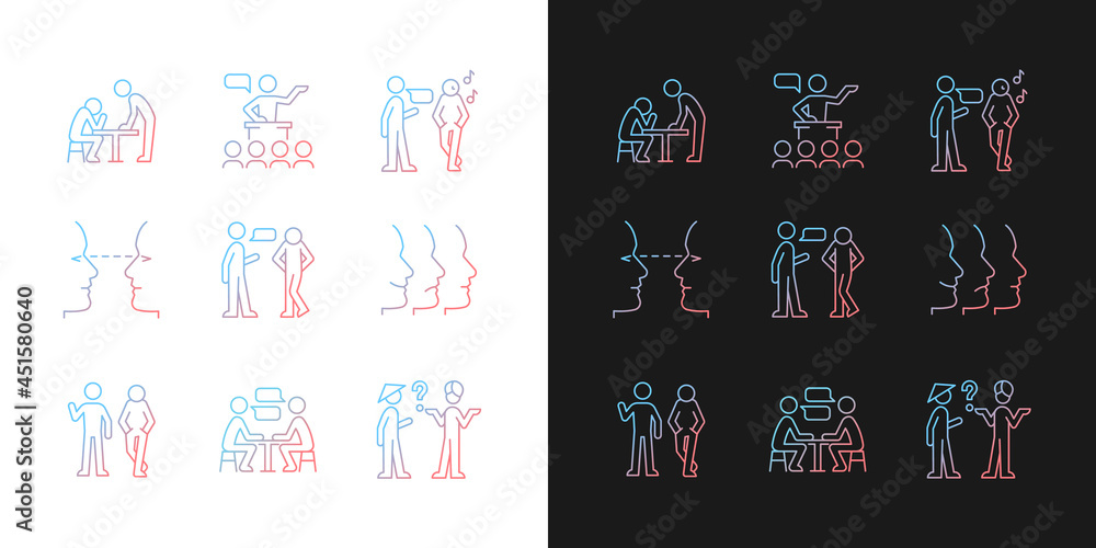 Poster communication process gradient icons set for dark and light mode. physical behavior. eye contact. th