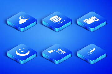 Set UFO flying spaceship and alien, Cloud with moon stars, Folder tree, Moon, Server, Data, Web Hosting and Unknown directory icon. Vector