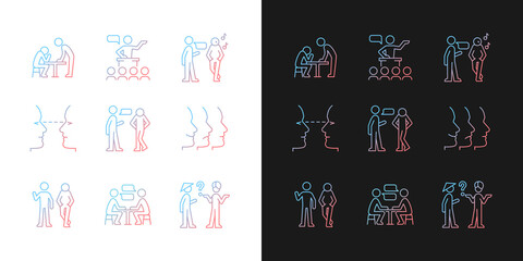 Communication process gradient icons set for dark and light mode. Physical behavior. Eye contact. Thin line contour symbols bundle. Isolated vector outline illustrations collection on black and white