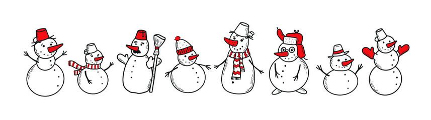 set of hand drawn snowmen for christmas decor