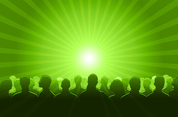 Silhouetted crowd ( audience, fans ) looks black by backlight. Vector banner illustration.