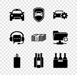 Set Police car and flasher, Car protection or insurance, service, Burning candle, Bottles of wine and box icon. Vector