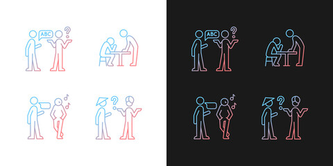 Communicating effectively gradient icons set for dark and light mode. Language, cultural barriers. Thin line contour symbols bundle. Isolated vector outline illustrations collection on black and white