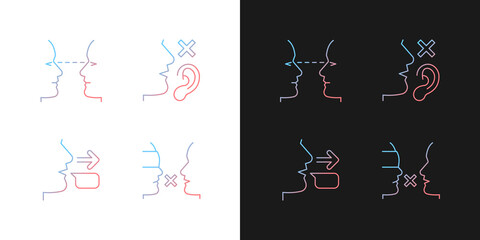 Improve everyday communication gradient icons set for dark and light mode. Language disabilities. Thin line contour symbols bundle. Isolated vector outline illustrations collection on black and white