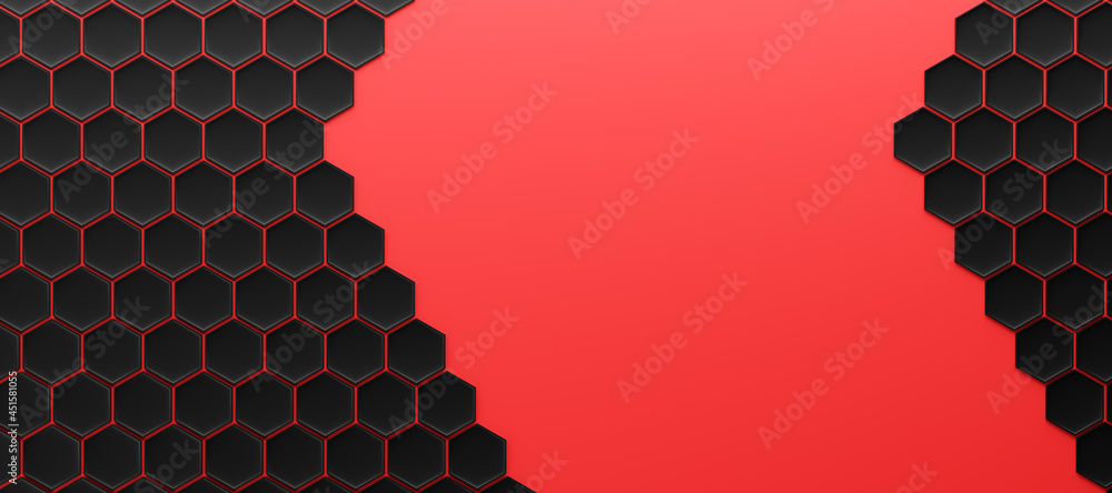 Poster abstract and illustration of black box and red background,light and shadow with free space, 3d rende