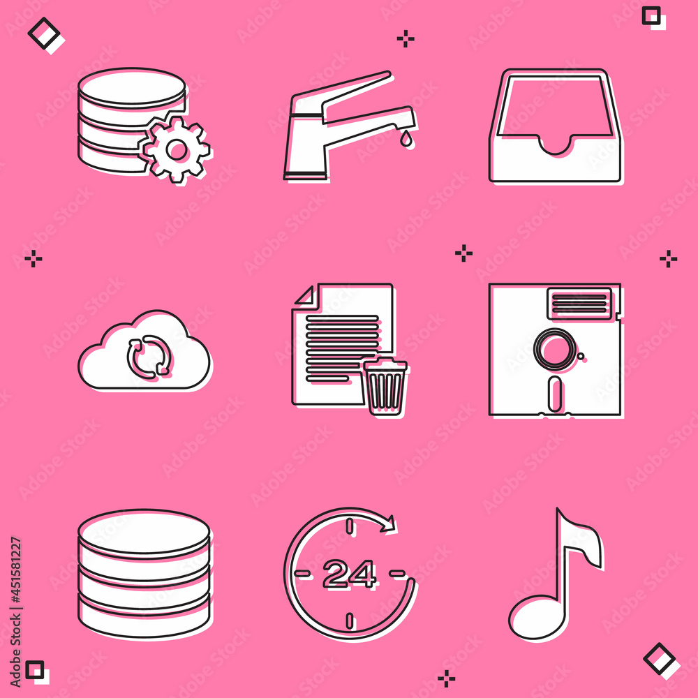 Poster set setting database server, water tap, social media inbox, cloud sync refresh, delete file document