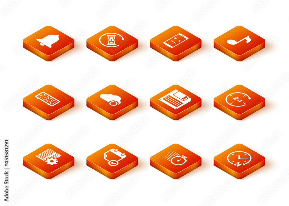 Poster set server setting, calendar with check mark, digital alarm clock, cloud sync refresh, stopwatch and