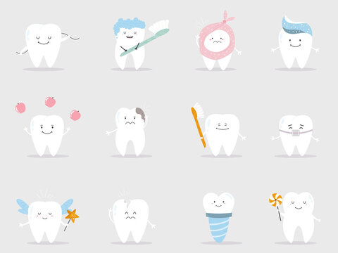 Set of cute teeth in different mood and conditions