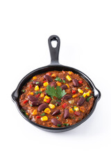 Traditional mexican tex mex chili con carne in iron pan isolated on white background	
