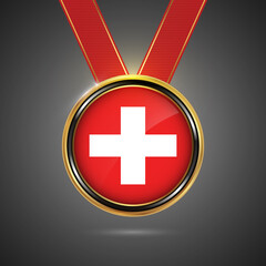 Abstract Switzerland country flag on gold medal vector. Sport game golden challenge award.