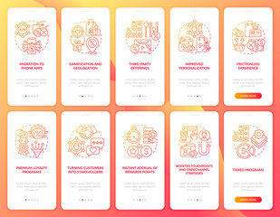 Customers reward system red gradient onboarding mobile app page screen set. Trends walkthrough 5 steps graphic instructions with concepts. UI, UX, GUI vector template with linear color illustrations