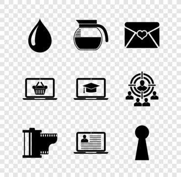Set Water drop, Coffee pot, Envelope with Valentine heart, Camera film roll cartridge, Laptop resume and Keyhole icon. Vector