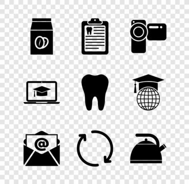 Set Coffee beans in bag, Clipboard with dental card, Cinema camera, Mail and e-mail, Refresh and Kettle handle icon. Vector