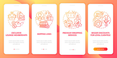 Loyalty program perks red gradient onboarding mobile app page screen. Benefits walkthrough 4 steps graphic instructions with concepts. UI, UX, GUI vector template with linear color illustrations