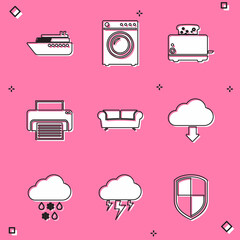 Set Ship, Washer, Toaster with toasts, Printer, Sofa and Cloud download icon. Vector